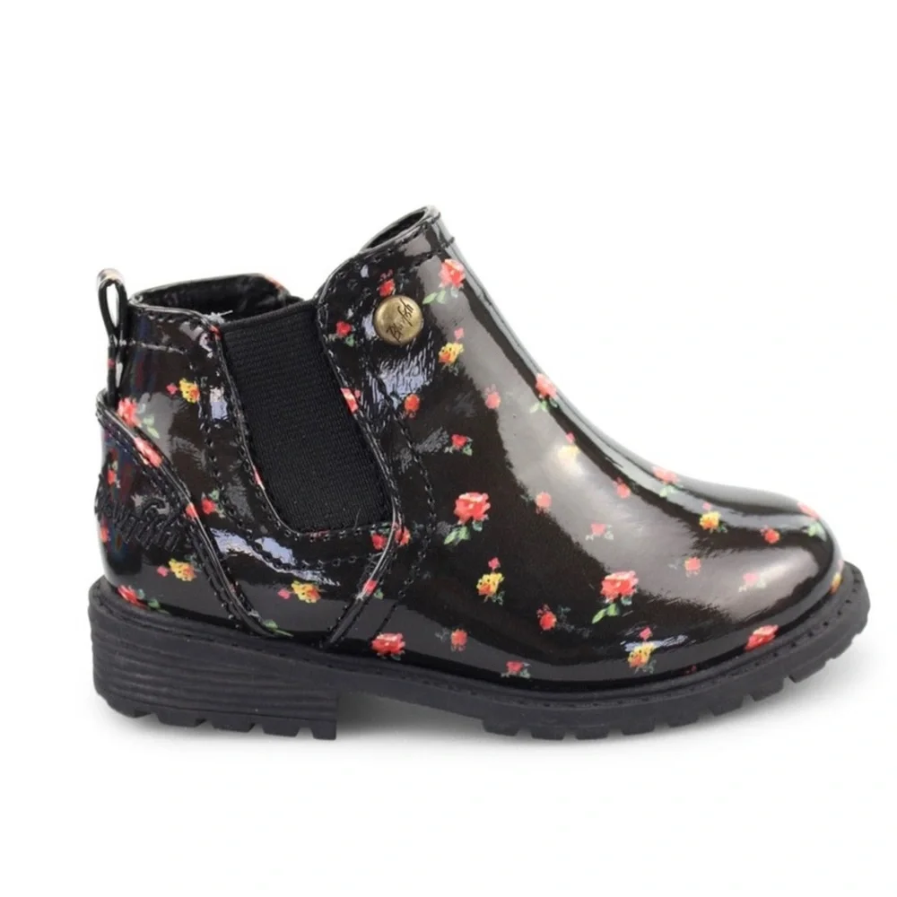 Blowfish Rainy-T Black Multi Cottage Rose Patent Chelsea Boots Size 7 Kids